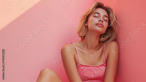 Portrait of an athletic woman relaxing against a clean peach and blue wall with a morning sunshine with big space for text or product, Generative AI.