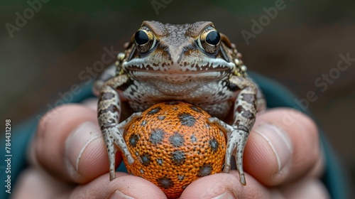   A frog perched atop an orange ball in a hand, gazing with wide-open eyes photo