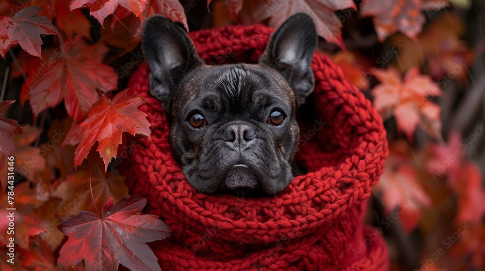   A black dog with a red scarf sits sadly before a tree adorned in red leaves