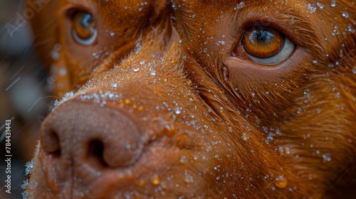  A tight shot of a brown cow's face, adorned with droplets of water on its nostrils