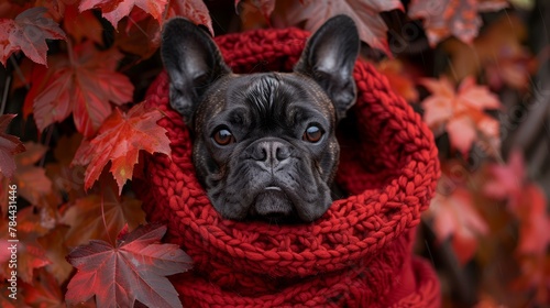  A black dog with a red scarf sits sadly before a tree adorned in red leaves