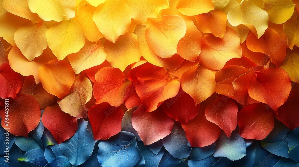 A rainbow-hued arrangement of multicolored leaves graces a building's wall A rainbow-hued arrangement of multicolored leaves graces a building's wall