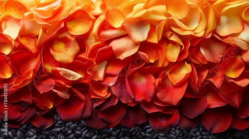  A tight shot of blooming flowers over sunflower seeds against a backdrop of vibrant red and yellow petals