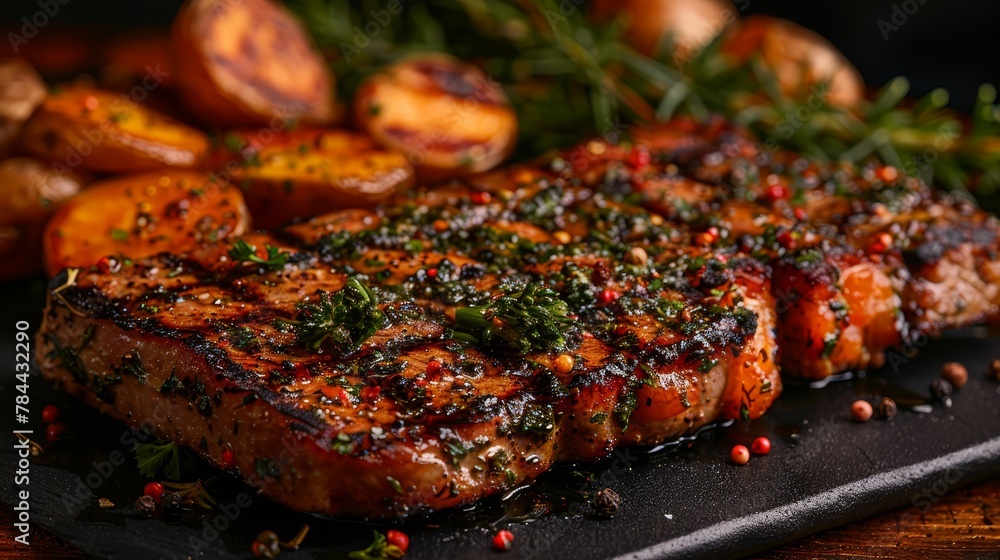 A tight shot of a juicy meat slice on a plate, surrounded by steaming potatoes, topped with a curled parsley spring A tight shot of a juicy meat slice on a plate, surrounded by steaming potatoes, topped with a curled parsley spring