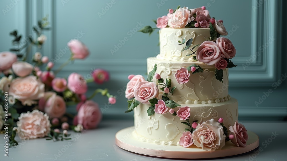 A three-tiered wedding cake adorned with pink flowers sits beside a bouquet of pink and white roses on the table A three-tiered wedding cake adorned with pink flowers sits beside a bouquet of pink and white roses on the table