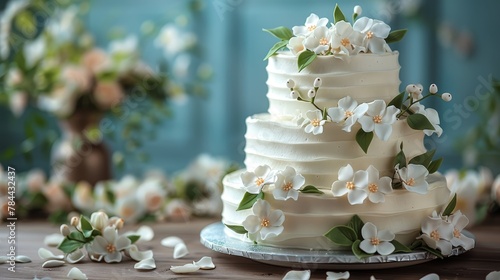   A tight shot of a wedding cake on a table, adorned with flowers nearby A vase of blooms in the background completes the scene