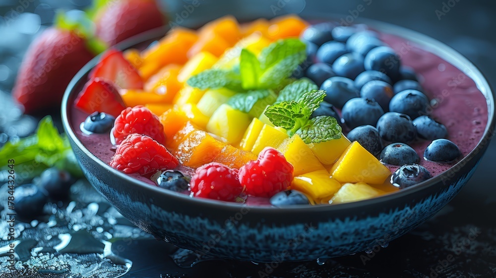   A tight shot of a bowl brimming with fruits, topped by a lush green leaf Another bowl of succulent fruits rests in the backdrop