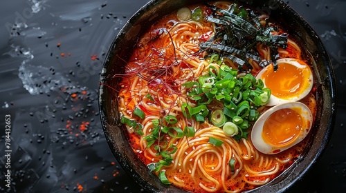  Close-up of a bowl with noodles, eggs, and sauces on a black surface, dripping with water droplets