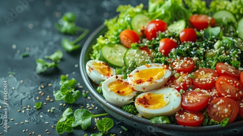  A salad with hard-boiled eggs, tomatoes, cucumbers, lettuce, and sesame seeds on a black plate