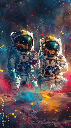 Colorful Paint Splatters on Moon Surface as Astronauts Explore Lunar Landscape