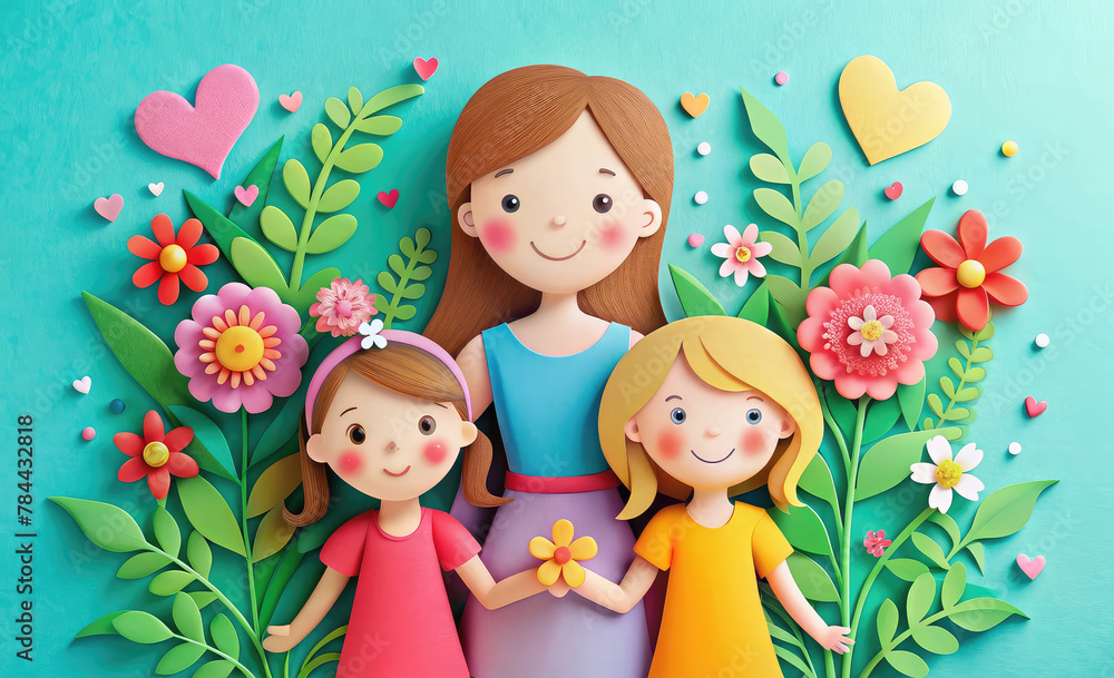 Papercut illustration of Mom and her two daughter. Mom's love, Concept of mothers day, mothers love, relationships between mother and child, papercut art Papercut illustration of Mom and her two daughter. Mom's love, Concept of mothers day, mothers love, relationships between mother and child, papercut art