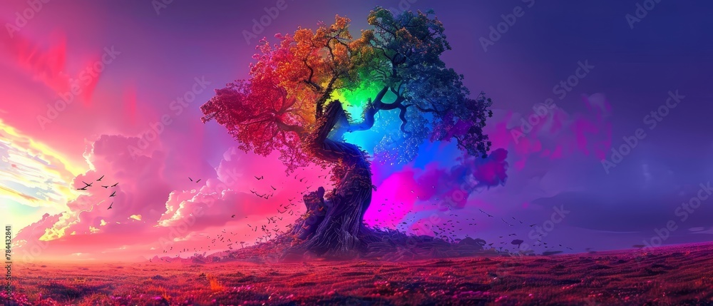   A rainbow-hued tree stands solo in a verdant field Birds flit through azure skies above Clouds paint the backdrop