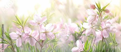 A tight shot of pink blooms against a backdrop of waving grasses Sunlight filters through grass blades and flower petals in the foreground