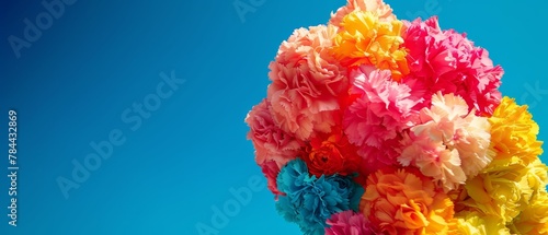  A man-shaped arrangement of vibrant flowers against a backdrop of a blue sky