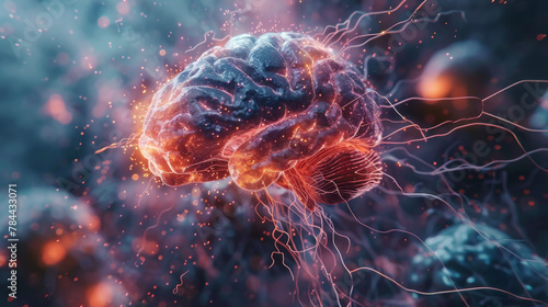 Close-up of human brain with visible neurons firing and neural extensions, showcasing the dynamic activity of the brain at a cellular level. photo