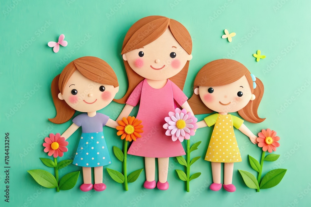 Papercut illustration of Mom and her two daughter. Mom's love, Concept of mothers day, mothers love, relationships between mother and child, papercut art Papercut illustration of Mom and her two daughter. Mom's love, Concept of mothers day, mothers love, relationships between mother and child, papercut art
