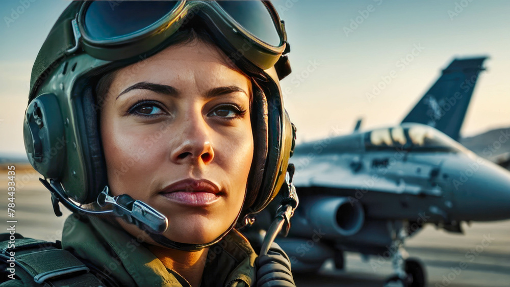 A pilot in full gear stands before a military jet on an airstrip A pilot in full gear stands before a military jet on an airstrip