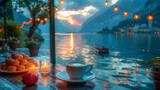 Cup of coffee and strawberries on the background of a lake