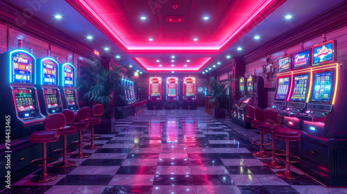 The interior of the hotel and casino retro arcade game room with slot machine and neon lights © Aliaksandra