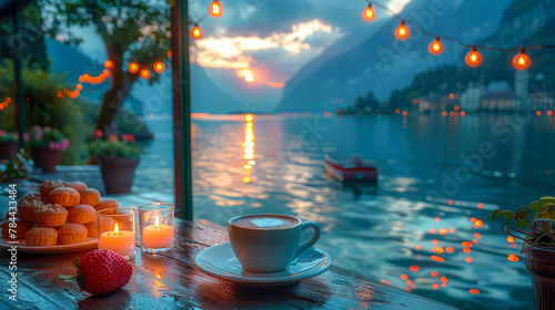 Cup of coffee and strawberries on the background of a lake photo