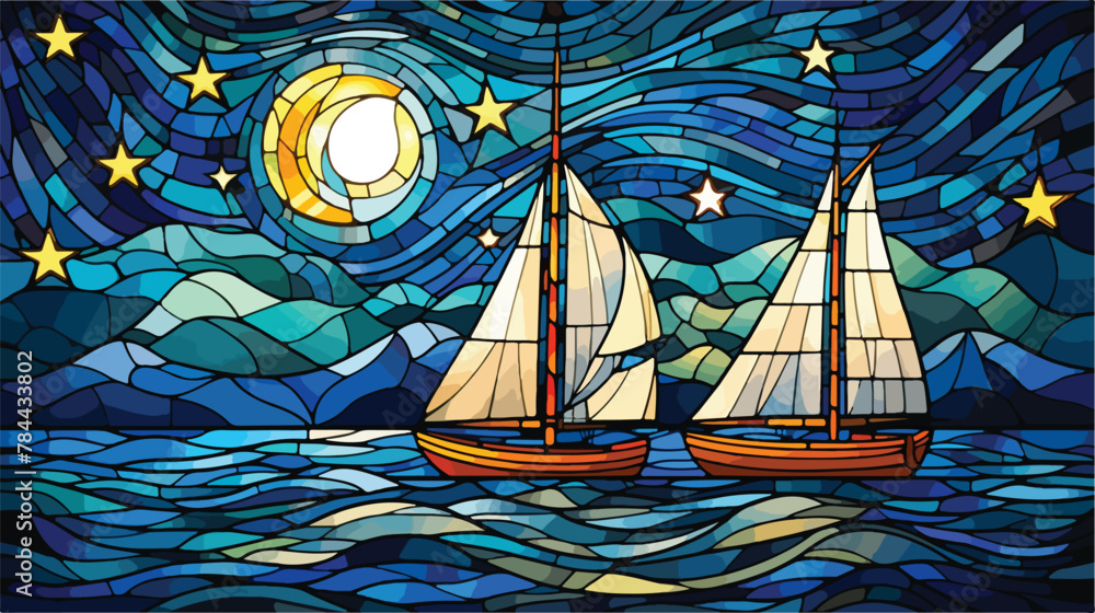 Illustration in stained glass style with sailboats