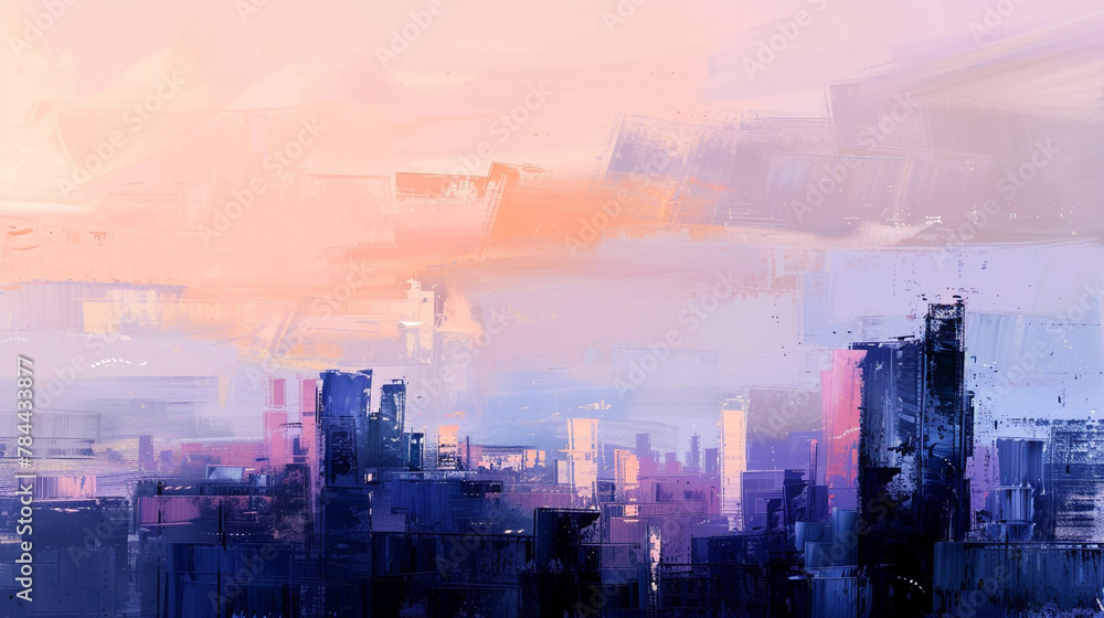 As dusk turns to night, city silhouettes against a painted sky tell of the day's end. - obrazy, fototapety, plakaty 