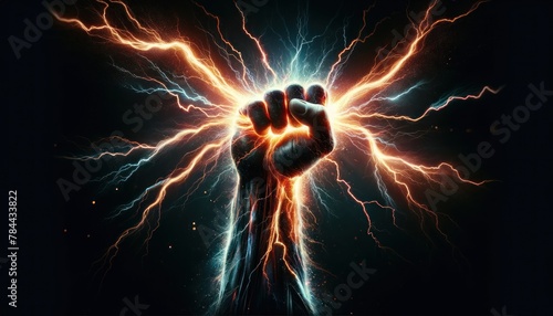 powerful image of a human fist raised and engulfed in a vibrant display of electrical energy. Bolts of intense lightning wrap around the hand