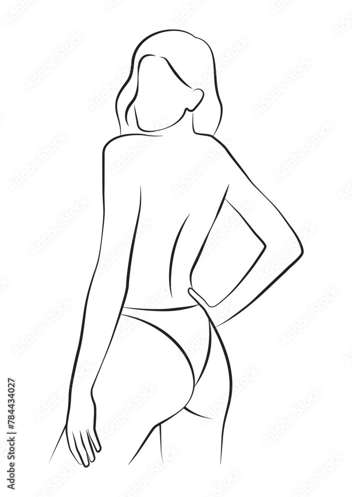 Fototapeta premium simple, minimalist illustration of a beautiful woman in underwear, vector line art, beauty, fitness and spa salon concepts, promoting wellness and self-care 