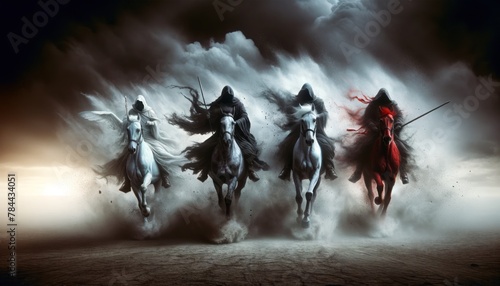 four horsemen representing different elements, charging through a desolate landscape. photo