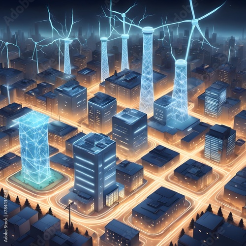 Smart grid infrastructure powering the city, with decentralized energy generation, energy storage systems, and dynamic load balancing to withstand disruptions photo