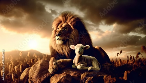 noble lion sitting beside a small, innocent lamb on a rocky outcrop. The scene is set during the golden hour photo