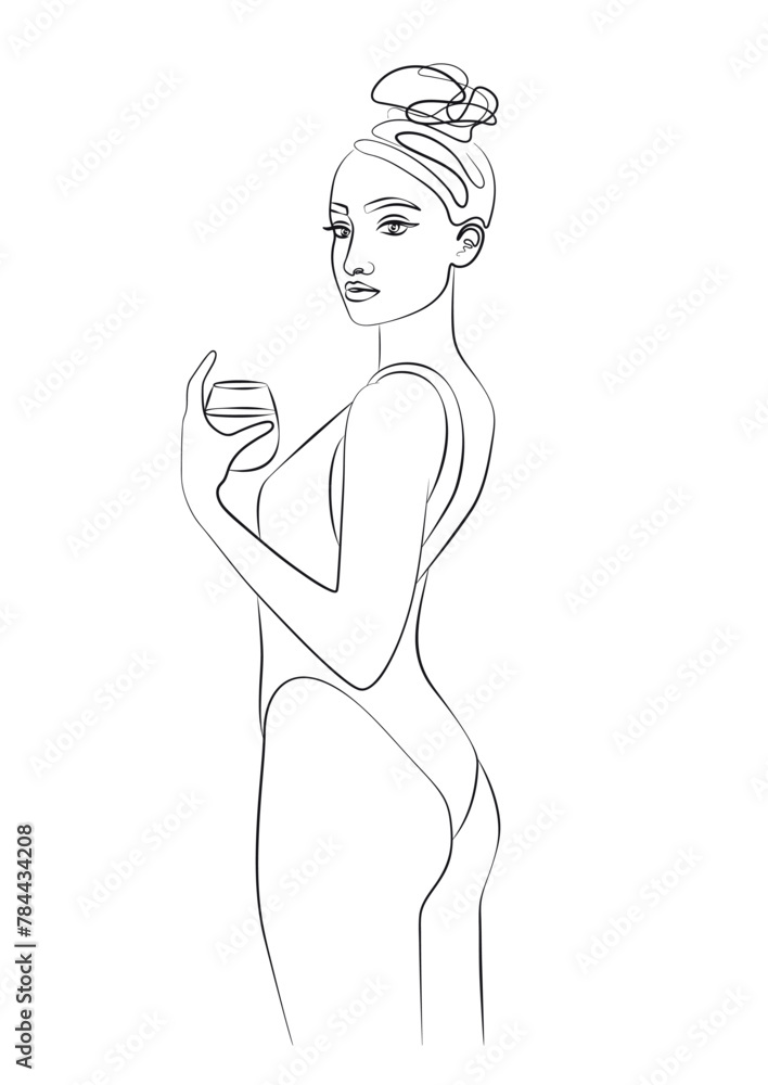 simple, minimalist illustration of a beautiful woman with drink in a swimsuit, vector line art, beauty, fitness and spa salon concepts, promoting wellness and self-care simple, minimalist illustration of a beautiful woman with drink in a swimsuit, vector line art, beauty, fitness and spa salon concepts, promoting wellness and self-care