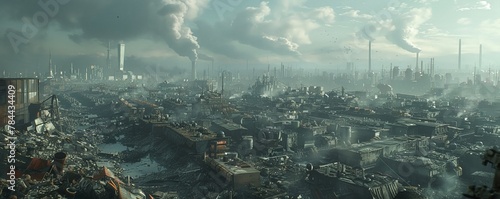Craft a visually striking image illustrating a side view of a dystopian world filled with industrial structures, 