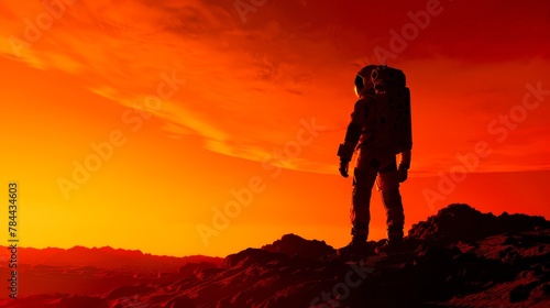 The silhouette of an astronaut stands against the Martian sky, a beacon of hope and adventure in the vastness of space.