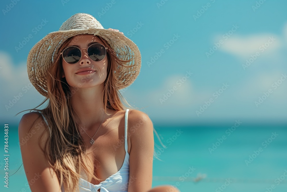 Stylish lady in straw hat relaxing on tropical beach