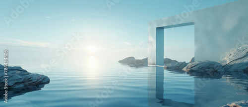 A tranquil 3D rendering of a futuristic zen seascape with calm water, black rocks seashore, mirror, and pastel blue sky. Abstract minimalist background.