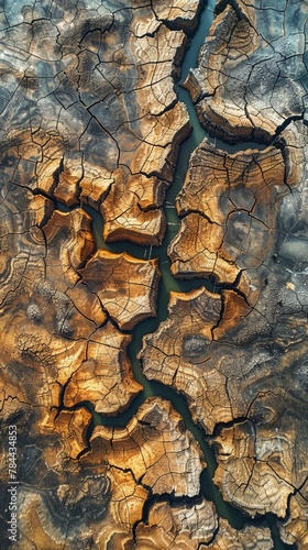 Capture the intricate pattern of cracked earth caused by extreme weather shifts from geoengineering Show the contrast between natures resilience and human intervention photo