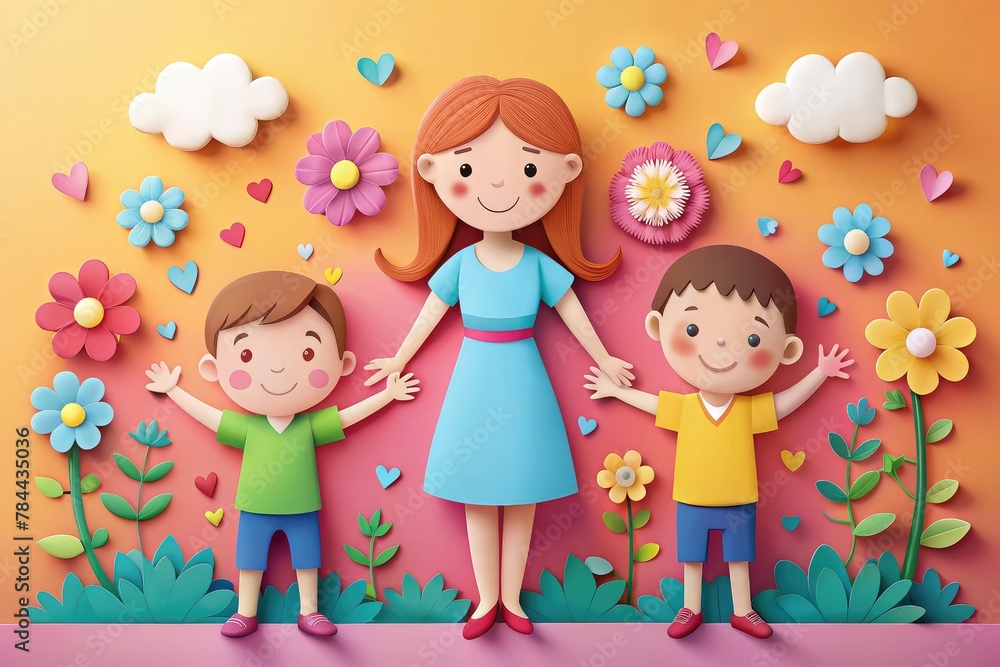 Papercut illustration of Mom and her two sons. Mom's love, Concept of mothers day, mothers love, relationships between mother and child, papercut art Papercut illustration of Mom and her two sons. Mom's love, Concept of mothers day, mothers love, relationships between mother and child, papercut art
