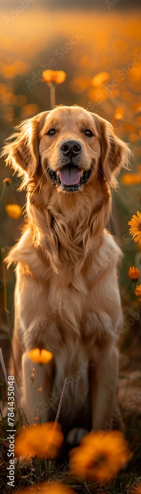 Golden retriever, Meadow, Happy dog playing in a field of flowers, Sunny day, Photography, Golden Hour, Vignette