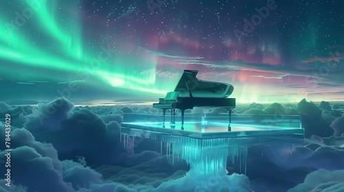 Glass piano on cloud platform, aurora backdrop, ethereal, dream-like surrealism.