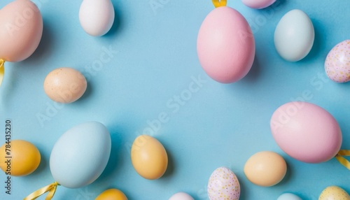 Easter party concept. Top view photo of Easter bunny ears white pink blue and yellow eggs on isolated pastel blue background