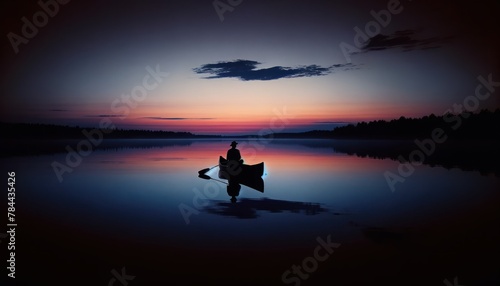 lone fisherman on a canoe, set against a twilight sky. The still waters mirror the delicate gradients of dusk