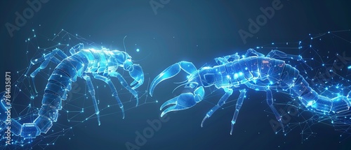 In a dark backdrop an abstract wireframe or polygonal vector of a Scorpions with a big space for text or backdrop, Generative AI. photo