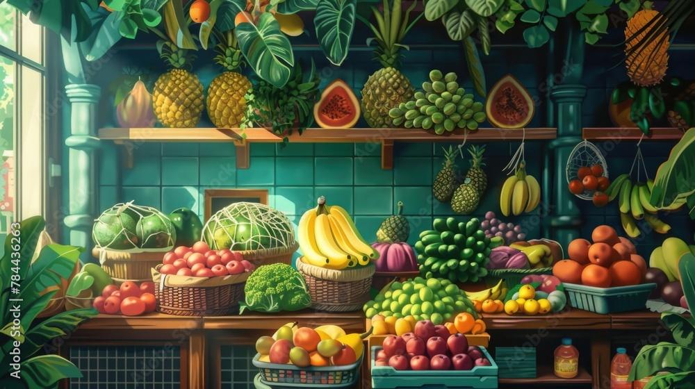 Exotic market with various fruits and vegetables. AI generative. Exotic market with various fruits and vegetables. AI generative.