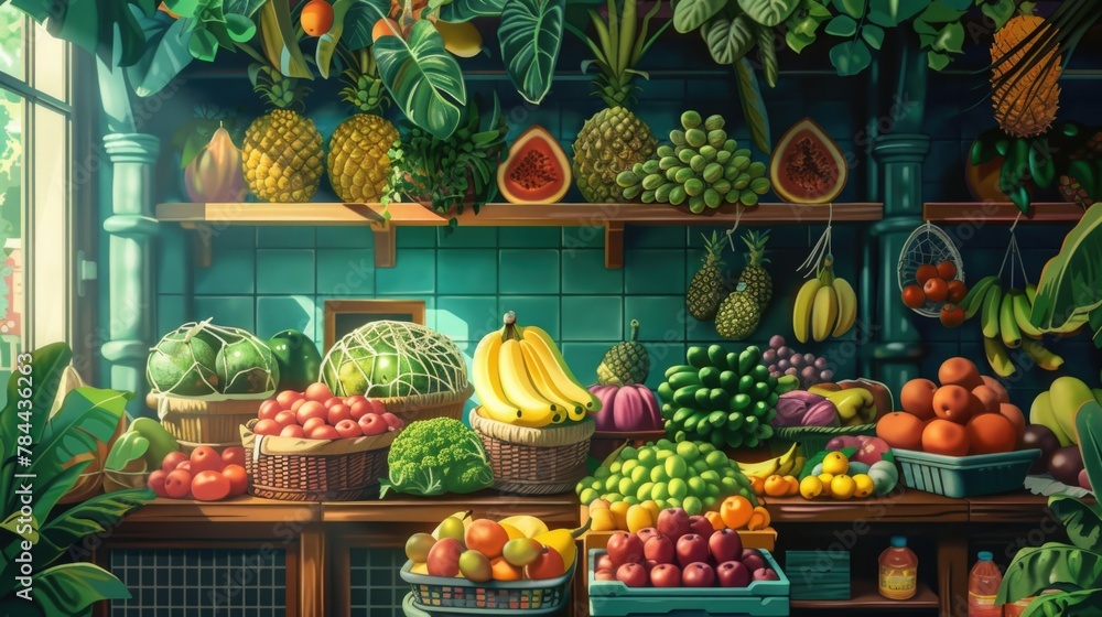 Exotic market with various fruits and vegetables. AI generative.