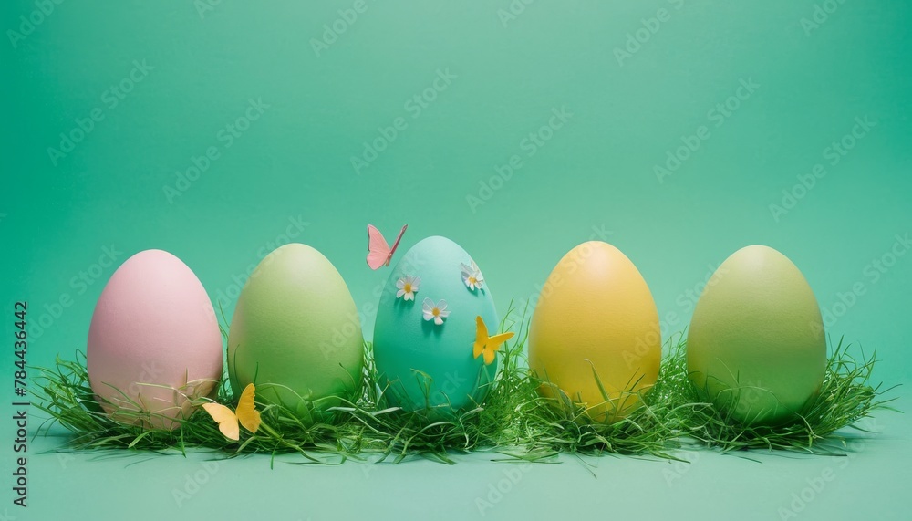 Fototapeta premium Green Easter eggs and holiday symbols paper art elements grass flowers butterflies Isolated on a isolated pastel background