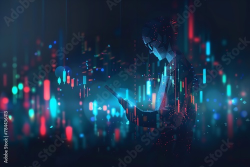 Stock market share candles with a person holding a tab in a dark backdrop concept of businessman analyzing computer profit, Generative AI.