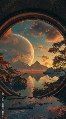 Portal to parallel universes on a terraformed Mars, dawn light, wide angle, new beginnings