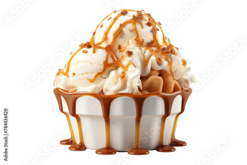 Creamy Delights: Indulgent Cup of Ice Cream With Caramel Drizzle. On White or PNG Transparent Background.