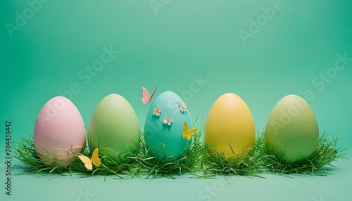 Green Easter eggs and holiday symbols paper art elements grass flowers butterflies Isolated on a isolated pastel background